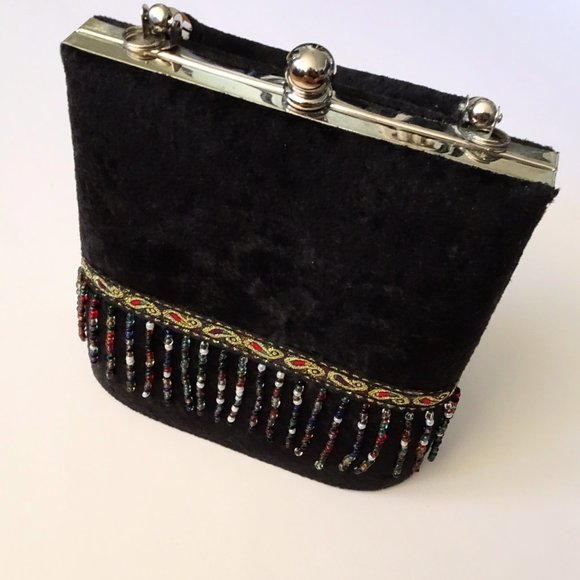 Moni Mini Black Velvet Beaded Fringe Clutch Purse - Picture 1 of 11